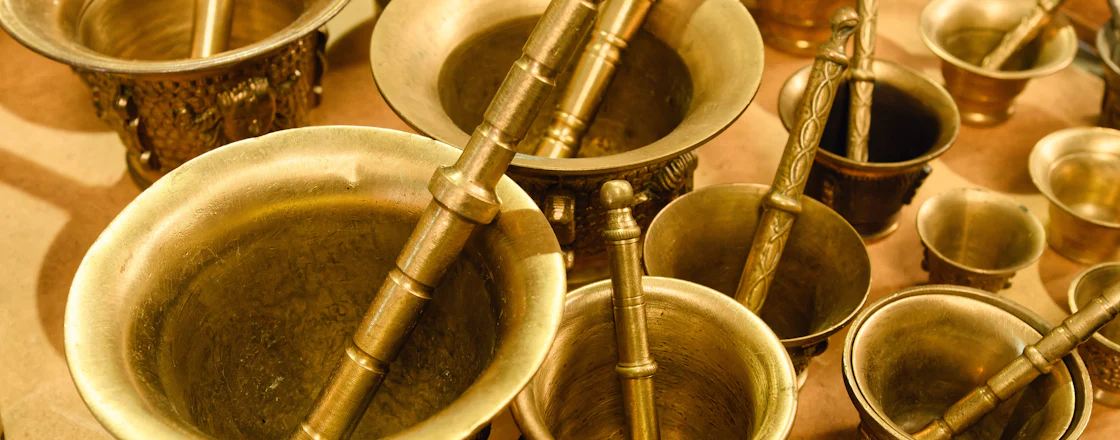 Brass bowls of Indian spices and whole ingredients